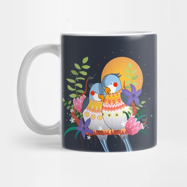 Parrot snuggle couple sunset by Mako Design 